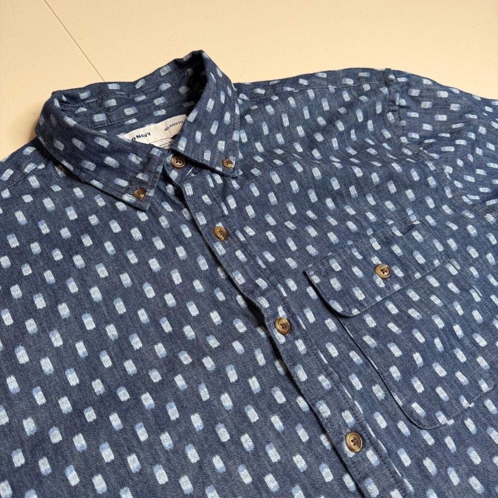 Old Navy Mens Large Blue Geometric Block Print Relaxed Fit Button Down Shirt